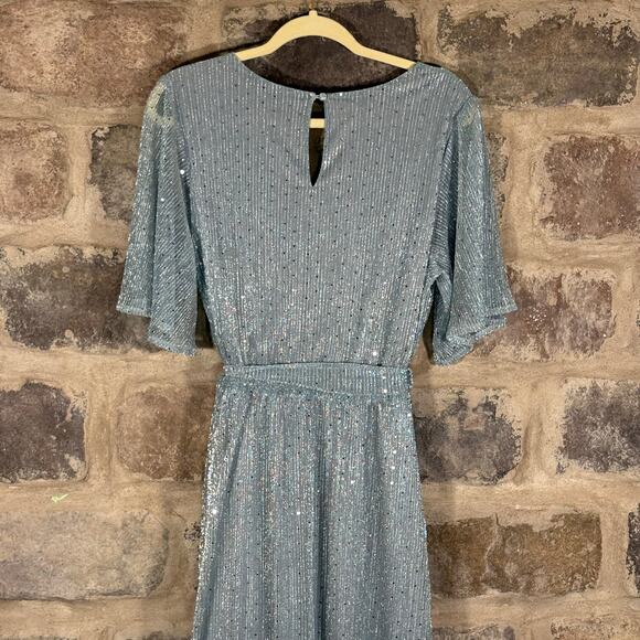 Baltic Born Grace Dress Light Blue Sequins Maxi Gown Belted Flutter Sleeves - Picture 7 of 14